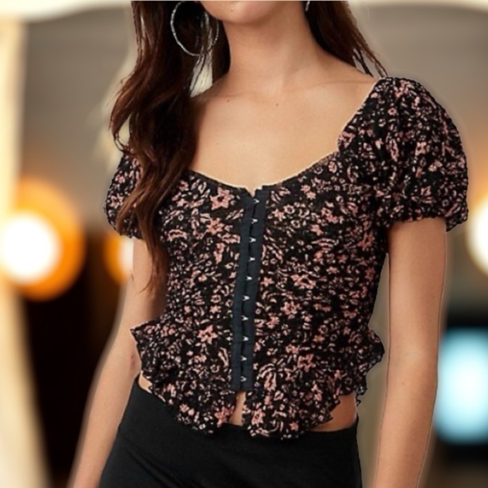 Free People Black Floral Lace-Up Peplum Top with Pink Accents